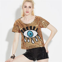 2016 New Women T shirts Eye Print t-shirt Woman O-neck Crop Top Short Sleeve Sequined Bling Short Female Plus Size t shirt 72131