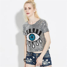 2016 New Women T shirts Eye Print t-shirt Woman O-neck Crop Top Short Sleeve Sequined Bling Short Female Plus Size t shirt 72131
