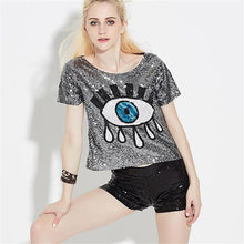 2016 New Women T shirts Eye Print t-shirt Woman O-neck Crop Top Short Sleeve Sequined Bling Short Female Plus Size t shirt 72131