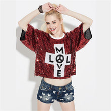 2016 New Women T shirts Letter Print T-shirt Woman O-neck Top Short Sleeve Sequined Bling Short Female Plus Size t shirt 72124