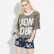 2016 New Women T shirts Letter Print T-shirt Woman O-neck Top Short Sleeve Sequined Bling Short Female Plus Size t shirt 72124