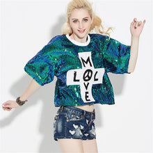 2016 New Women T shirts Letter Print T-shirt Woman O-neck Top Short Sleeve Sequined Bling Short Female Plus Size t shirt 72124