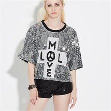 2016 New Women T shirts Letter Print T-shirt Woman O-neck Top Short Sleeve Sequined Bling Short Female Plus Size t shirt 72124