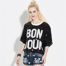 2016 New Women T shirts Letter Print T-shirt Woman O-neck Top Short Sleeve Sequined Bling Short Female Plus Size t shirt 72124