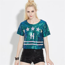 2016 New Women T shirts Letter Print T-shirt Woman O-neck Top Short Sleeve Sequined Bling Short Female Plus Size t shirt 72124