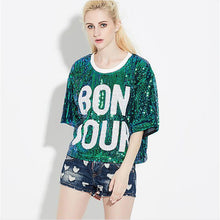 2016 New Women T shirts Letter Print T-shirt Woman O-neck Top Short Sleeve Sequined Bling Short Female Plus Size t shirt 72124