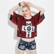 2016 New Women T shirts Letter Print T-shirt Woman O-neck Top Short Sleeve Sequined Bling Short Female Plus Size t shirt 72124