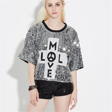 2016 New Women T shirts Letter Print T-shirt Woman O-neck Top Short Sleeve Sequined Bling Short Female Plus Size t shirt 72124