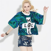 2016 New Women T shirts Letter Print T-shirt Woman O-neck Top Short Sleeve Sequined Bling Short Female Plus Size t shirt 72124