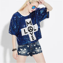 2016 New Women T shirts Letter Print T-shirt Woman O-neck Top Short Sleeve Sequined Bling Short Female Plus Size t shirt 72124