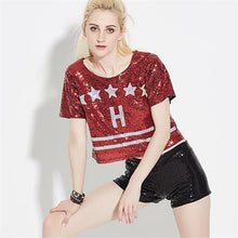 2016 New Women T shirts Letter Print T-shirt Woman O-neck Top Short Sleeve Sequined Bling Short Female Plus Size t shirt 72124