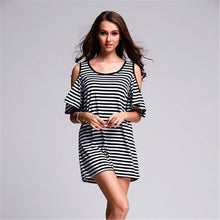 2016 New Women T shirts O-neck Women Top Off Shoulder Short Sleeve Long Female Off Shoulder Stripped tops 70616