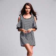 2016 New Women T shirts O-neck Women Top Off Shoulder Short Sleeve Long Female Off Shoulder Stripped tops 70616