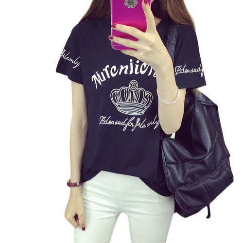 2016 New Women clothing T shirts Letter Print t-shirt Women Crown Top Short Sleeve Female Large Size tops 71074