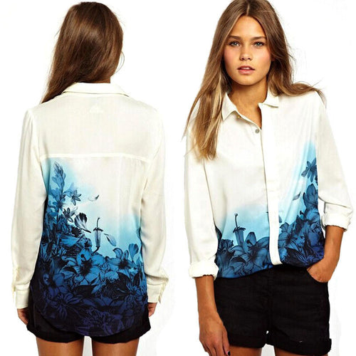 2016 New Women's Vintage Chiffon Blouse Hot Sale Gradient Blue Flower Printed Shirt Korean Version Turn Down Collar Blouse Women