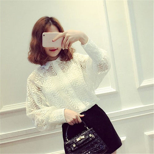 2016 Plus Size Women Two-piece S-XL Full Lantern Sleeve Shirts Turn-down Collar Lace Print Blouse Fashion Blouse 70660