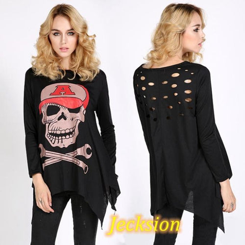 2016 Popular Fashion Womens Round Neck Long Sleeve Skull Design Tunic Loose Alice8
