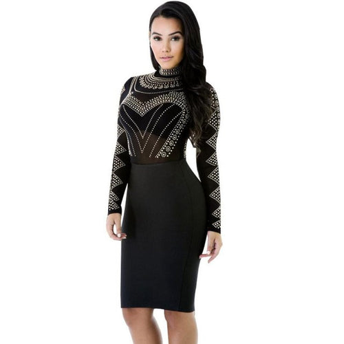 2016 Sexy Women Dress Turtleneck Long Sleeve Transparent Bodycon Evening Party Ladies Dresses vestidos #1216