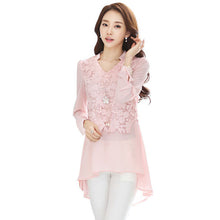 2016 Spring New Fashion Women Blouse V-neck Full Tee Shirt Long Chiffon Casual Blouses Lace Plus Size S-2XL Blusas 70658