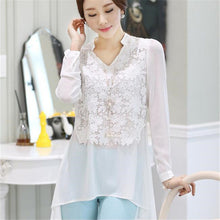 2016 Spring New Fashion Women Blouse V-neck Full Tee Shirt Long Chiffon Casual Blouses Lace Plus Size S-2XL Blusas 70658
