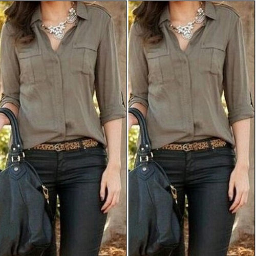 2016 Spring Women Chiffon Shirts Army Green Shirt Sexy Fashion Lapel Loose Female Shirts Casual Shirt Womens Clothes