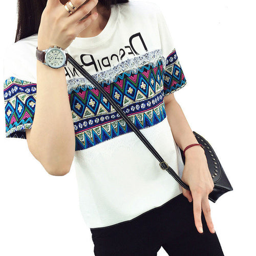 2016 Summer Fashion T Shirt Women Short Sleeve Casual O-Neck Tee Tops Female Print T-shirt Lace Plus Size 70634