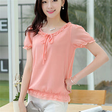 2016 Summer Female Short-sleeve Chiffon Shirt Loose Plus Size Women Ruffled Neck Blouse Summer Casual Tops Hot Sale 31122