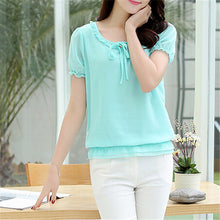 2016 Summer Female Short-sleeve Chiffon Shirt Loose Plus Size Women Ruffled Neck Blouse Summer Casual Tops Hot Sale 31122