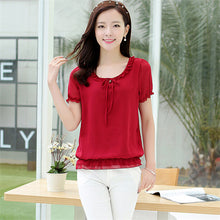 2016 Summer Female Short-sleeve Chiffon Shirt Loose Plus Size Women Ruffled Neck Blouse Summer Casual Tops Hot Sale 31122