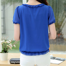 2016 Summer Female Short-sleeve Chiffon Shirt Loose Plus Size Women Ruffled Neck Blouse Summer Casual Tops Hot Sale 31122