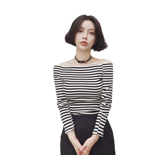 2016 Summer New Fashion Sexy Plus Size Slash-neck Blouse Ladies Stripped Tops Casual Long Sleeve Spring Shirt 70844