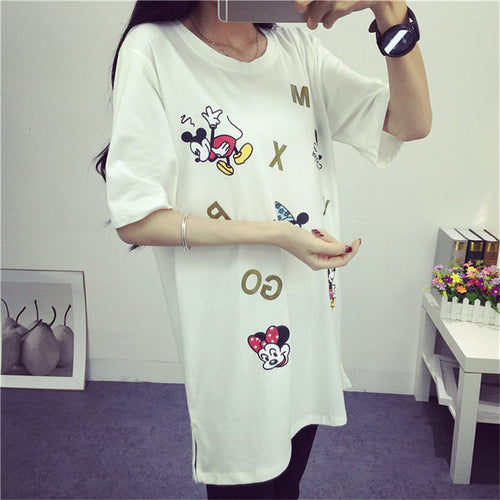 2016 Summer New Letter Mouse Letter Print Women T Shirt Fashion Mice Print Woman Long Tops O-Neck Short Sleeve t-shirt 71427