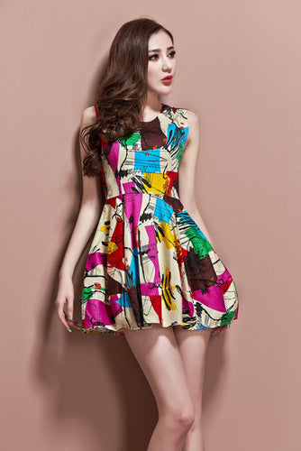 2016 Summer New O Neck Sleeveless Women Dresses Personality Graffiti Print Temperament Ladies Party Vestidos 71215