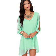 2016 Summer New Women Green V-Neck Long Sleeve Chiffon Dress Casual Fashion Loose Above Knee Mini Dress Plus Size