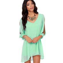 2016 Summer New Women Green V-Neck Long Sleeve Chiffon Dress Casual Fashion Loose Above Knee Mini Dress Plus Size