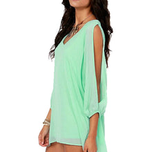 2016 Summer New Women Green V-Neck Long Sleeve Chiffon Dress Casual Fashion Loose Above Knee Mini Dress Plus Size