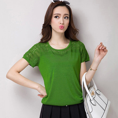 2016 Summer New Women Hollow Out Women T Shirt O Neck Short Sleeve Solid Color Female Casual T-shirt Plus Size Women Tops 71236