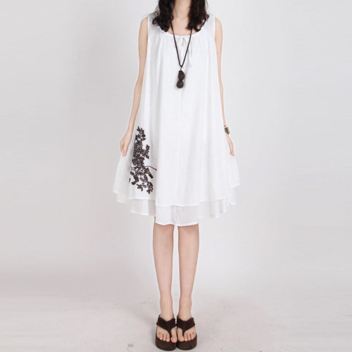 2016 Summer New Women Knee-length Dress Sleeveless O-neck Loose Tank Dresses Vintage Embroidery Women Vestidos Plus Size 71224