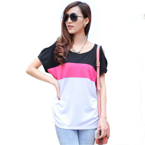 2016 Summer New Women T shirts O-neck Womens Korean Style Top Off Shoulder Short Sleeve Female Stripped Hit Color Tops 70627