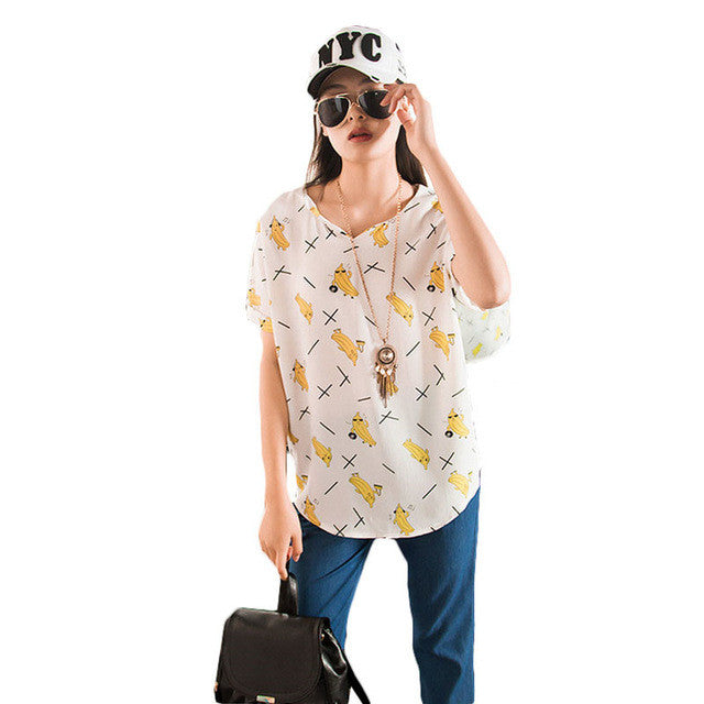 2016 Summer New Women T shirts V-neck Womens Korean Style Top Short Sleeve Female Fruit Banana Print Tops 70904