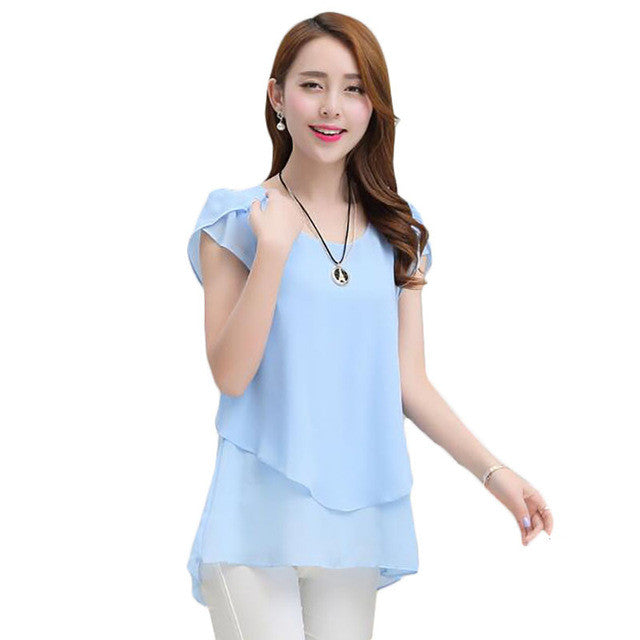 2016 Summer Plus Size Women Chiffon Blouses Mid-length Shirts O-neck Short Sleeve Irregular Solid Fashion lady tops Blusas 70278