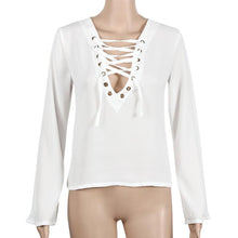 2016 Summer Sexy Women Shirt Chiffon Lace Up Long Sleeve Blouses Deep V Neck Casual Blouse Women Bandage Tops Blusas#3546