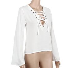2016 Summer Sexy Women Shirt Chiffon Lace Up Long Sleeve Blouses Deep V Neck Casual Blouse Women Bandage Tops Blusas#3546