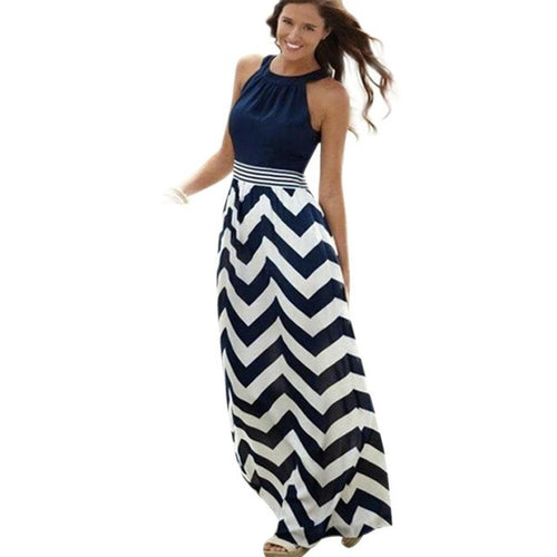 2016 Summer Style Women New Sexy Long Maxi Dress Evening Party Beach Dresses Ladies Striped Blue Dress Women robe femme YU