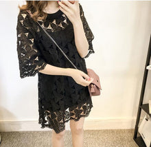 2016 Summer Women Dress Fashion Loose O Neck Three Quarter 3/4 Sleeve Women Dress Sweet Hollow Out Lady Vestidos Plus Size 71228