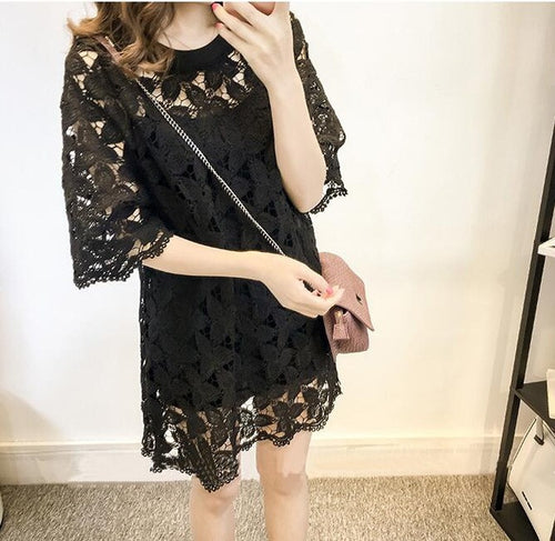 2016 Summer Women Dress Fashion Loose O Neck Three Quarter 3/4 Sleeve Women Dress Sweet Hollow Out Lady Vestidos Plus Size 71228
