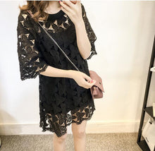2016 Summer Women Dress Fashion Loose O Neck Three Quarter 3/4 Sleeve Women Dress Sweet Hollow Out Lady Vestidos Plus Size 71228
