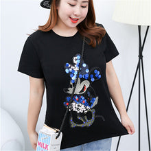 2016 Summer Women Print T Shirt Animal Print Woman XL-4XL Mouse Print Tops O-Neck Short Sleeve Carton Sequined t-shirt 71455