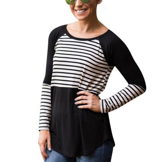 2016 Trendy Fashion Womens Casual Loose Long Sleeve Clothes Patchwork Hit Color Striped Tee Tops Female T-Shirt poleras de mujer