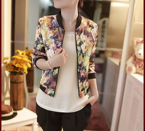 2016 Trendy Women Autumn Jacket Stand Collar Long Sleeve Slim Coats Female Zipper Floral Printed Jacket Women Chaquetas Mujer